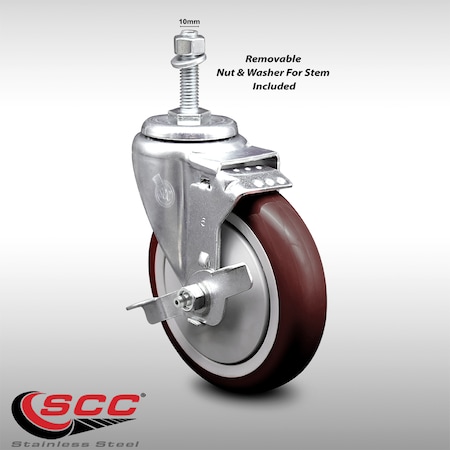 Service Caster 5 Inch SS Maroon Polyurethane Swivel 10mm Threaded Stem Caster Brake SCC SCC-SSTS20S514-PPUB-MRN-TLB-M1015